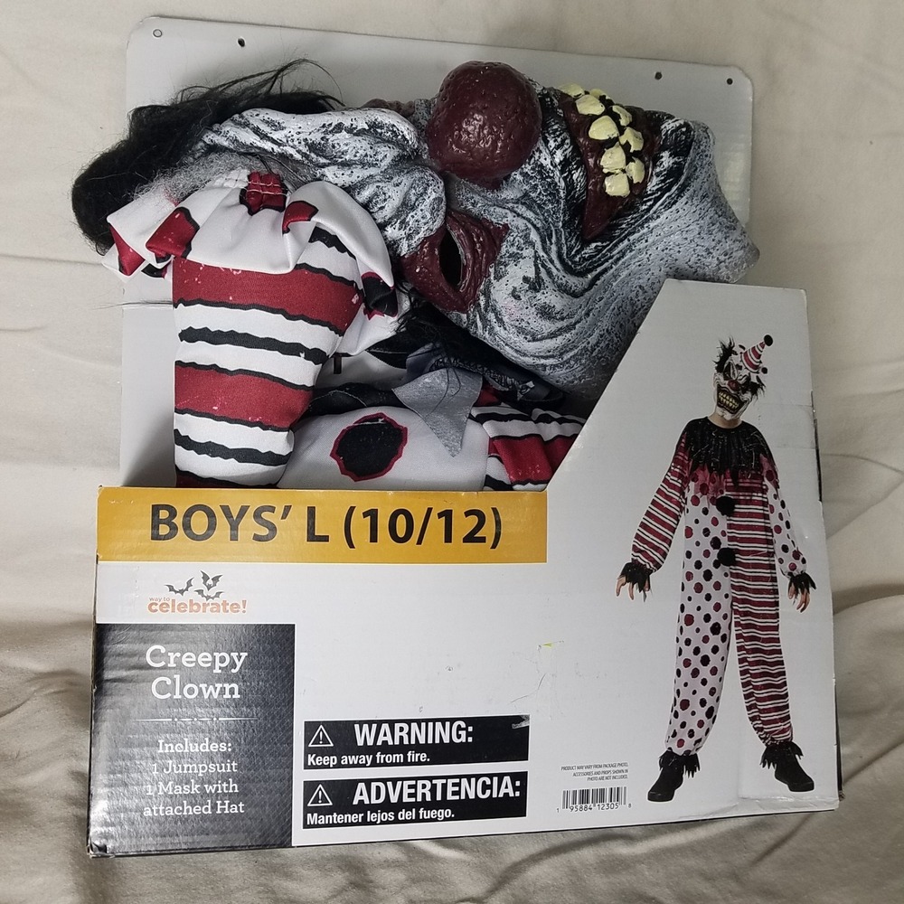 Way to Celebrate Creepy Clown Costume Boys 10/12 Black NEW Horror Mask Jumpsuit